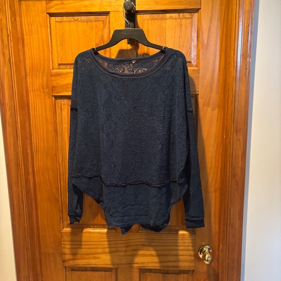 Free People Not Cold in This Floral Brushed Lace Knit High Low Top Teal - Picture 2 of 5